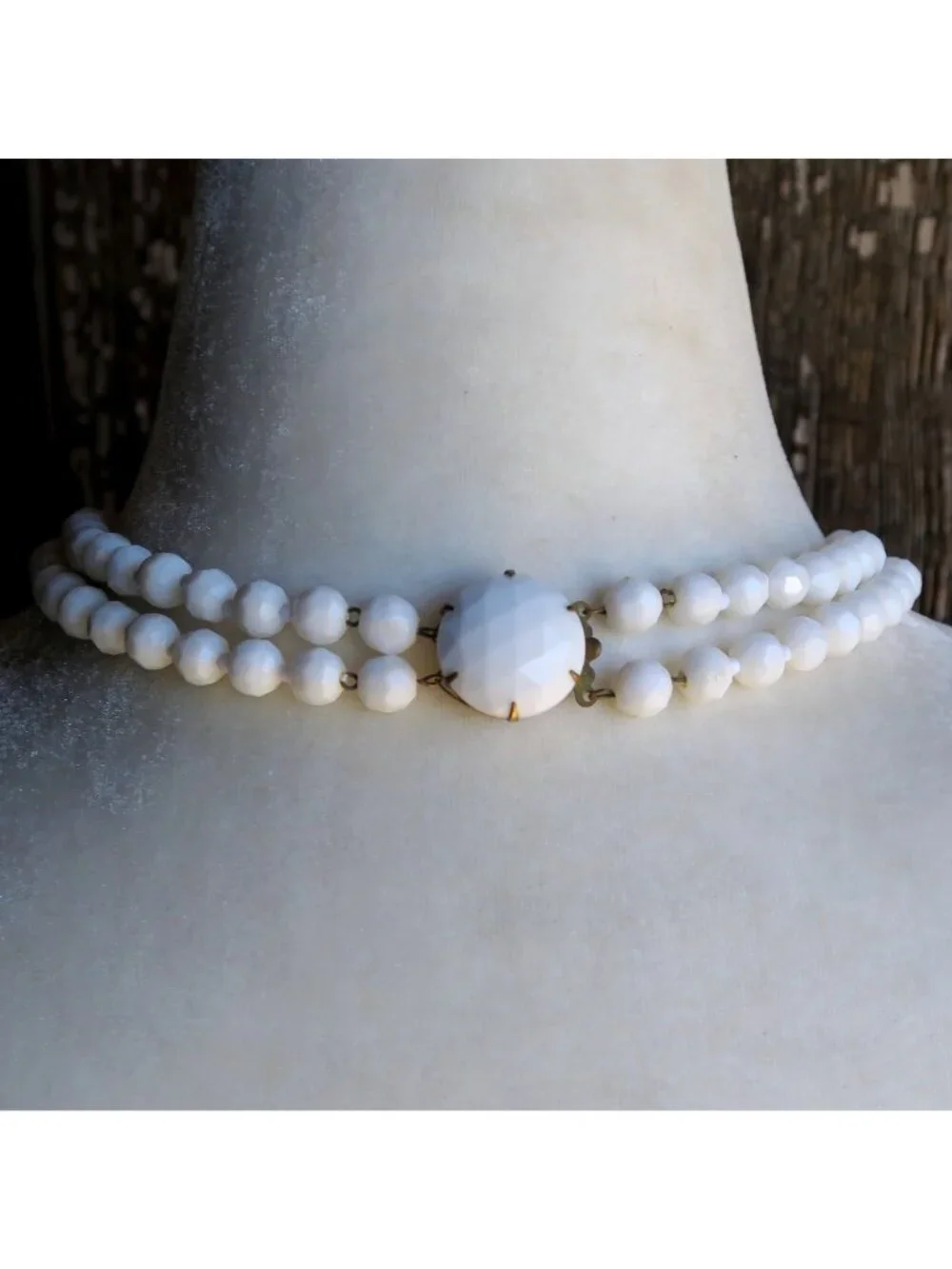 Vintage West Germany White Bead Necklace, Double Strand, 15", Faceted Detail - Picture 3 of 6
